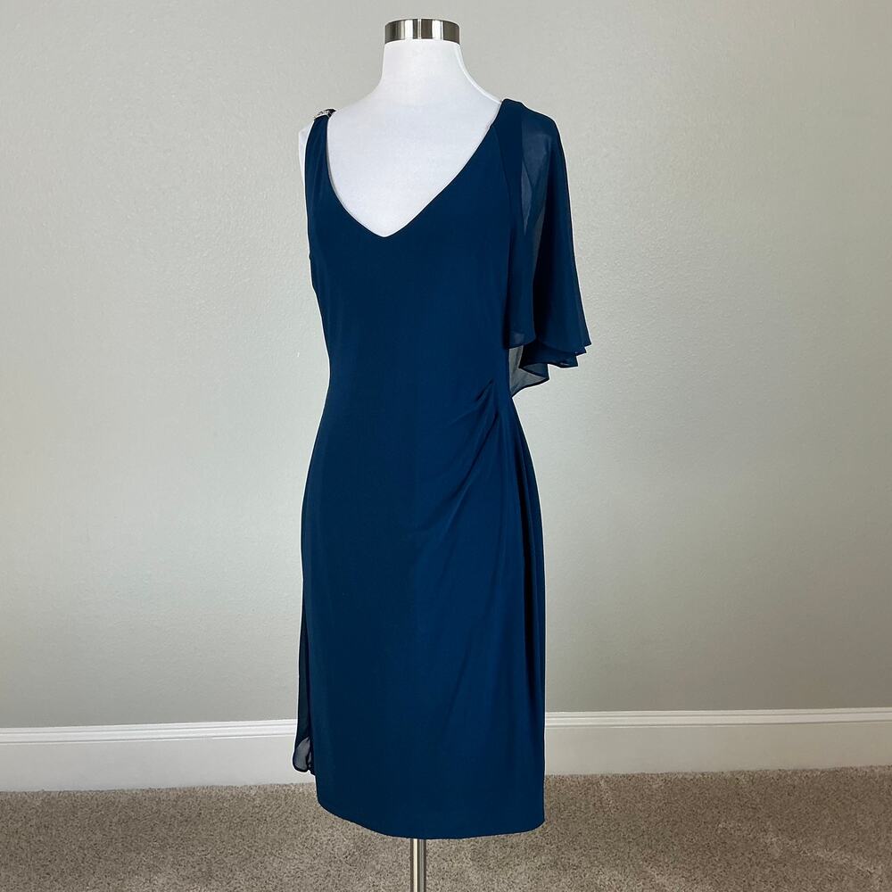 Ralph Lauren Ruffled Beaded Draped V-Neck Midi Sheath Cocktail Dress Blue Size 8 - Picture 3 of 12